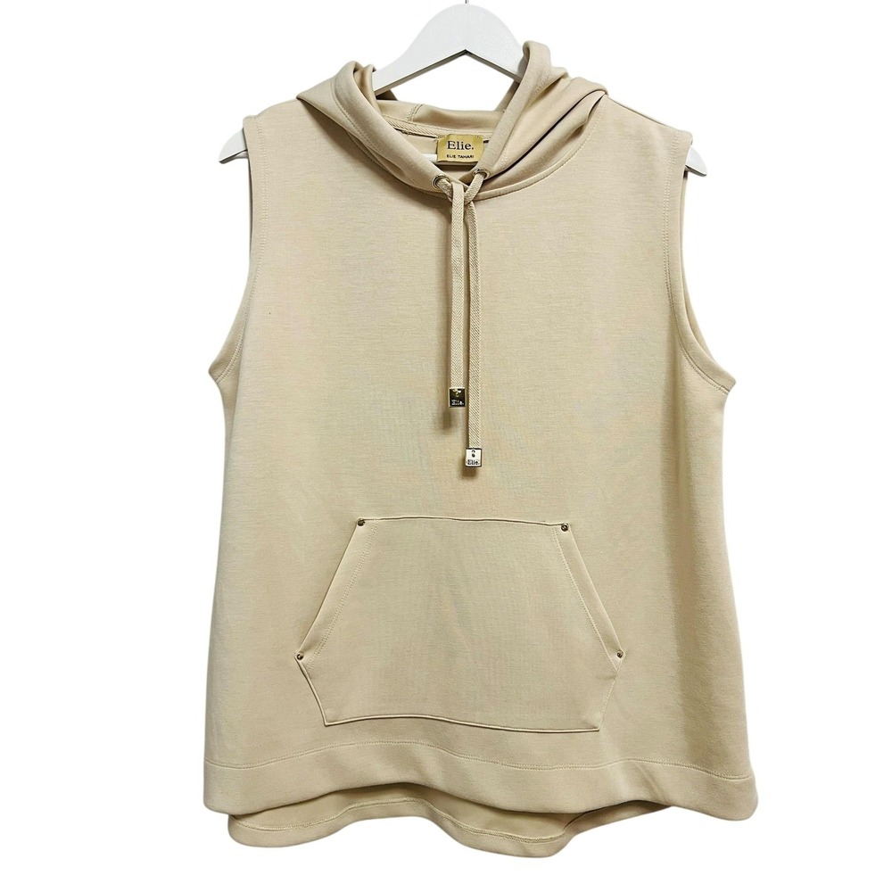 Elie Tahari Hooded Tank Top Womens Size Unknown L/XL Beige Tunic Kangaroo Pocket